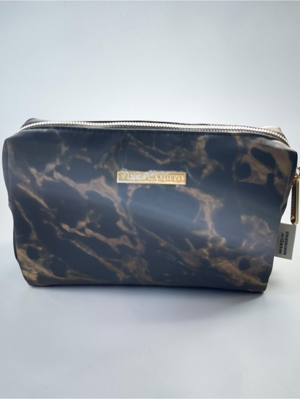 Vince Camuto Black Marble Cosmetic Bag Gold Makeup Travel Toiletry Case NWT